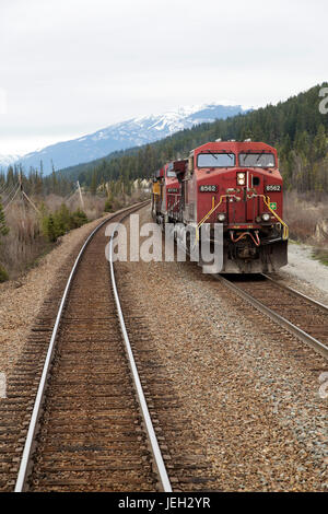 Locomotiva tirando un treno merci della Canadian Pacific Railway nei pressi di Revelstoke in British Columbia, Canada. Foto Stock