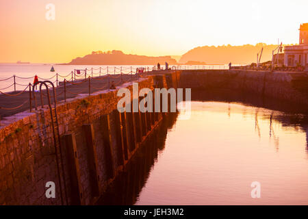 Plymouth waterfront del porto con i draghetti isola in background, GOLDEN SUNSET, Plymouth, Devon, Regno Unito, Inghilterra Foto Stock