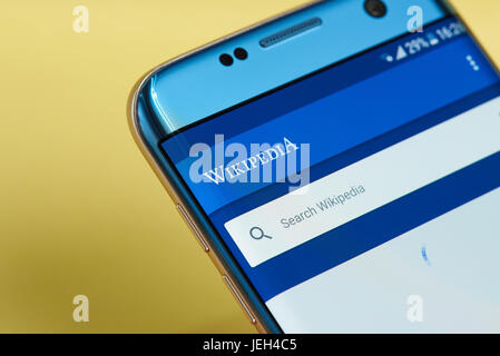 New york, Stati Uniti d'America - 23 Giugno 2017: Wikipedia application menu di ricerca sulla schermata dello smartphone di close-up. Utilizzando wikipedia app Foto Stock
