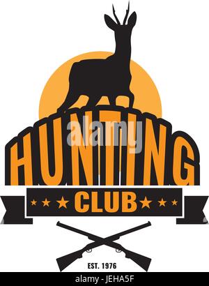 Caccia o hunter club logo Symbol con i cervi e la pistola Illustrazione Vettoriale