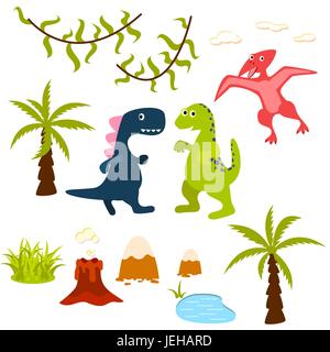 Dinosauro e jungle tree clipart set. Illustrazione Vettoriale