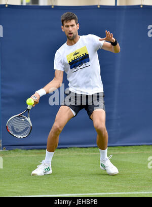 Novac Djokovic praticare al Aegon torneo internazionale di tennis in Devonshire Park in Eastbourne East Sussex Regno Unito. 25 Giu 2017 Foto Stock