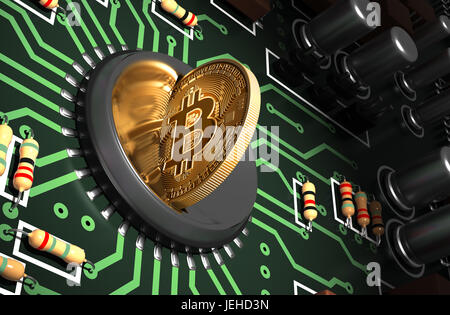 Mettere Bitcoin in Coin Slot sulla scheda madre di verde e la creazione di forma di cuore con la riflessione Foto Stock