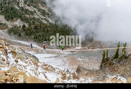 Un gruppo di arrampicatori attraversare a piedi il ponte di sospensione a Kicking Horse montagna per raggiungere il loro sentiero di arrampicata; Golden, British Columbia, Canada Foto Stock