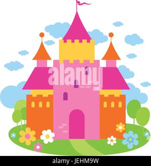 Castello da favola in primavera. Magico palazzo della principessa rosa in un bellissimo giardino con fiori e alberi. Illustrazione vettoriale Illustrazione Vettoriale