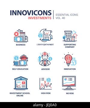Investimenti - moderno vettore linea design set di icone. Business, borsa, società di assistenza, l'auto-educazione, advisor, consultazione, innovazione, in Illustrazione Vettoriale