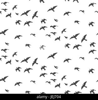 Gabbiani sagome seamless pattern. Stormo di uccelli in volo grigio silhouette. Colomba, sea-gull disegno astratto vettore di uccelli per avvolgere carta carino desig Illustrazione Vettoriale