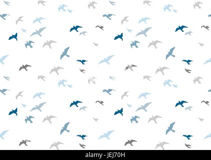 Gabbiani sagome seamless pattern. Stormo di uccelli in volo blu grigio silhouette di un semitono. Sea-gull grazioso uccello dipinte di vettore per avvolgere carta carino Illustrazione Vettoriale