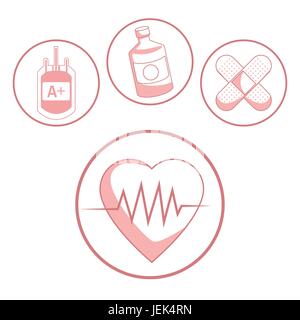 Sfondo bianco con colore rosso sezioni di silhouette heartbeat di icone e di salute nel telaio circolare Illustrazione Vettoriale