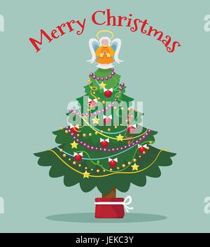 Albero di natale con topper fairy card. Alberi di Natale Luce angelo illustrazione vettoriale Illustrazione Vettoriale