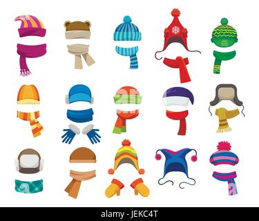 Inverno o autunno headwear collezione. Lavorazione a maglia del vettore berretti, cappelli e sciarpe per ragazze e ragazzi per il freddo isolato su sfondo bianco Illustrazione Vettoriale