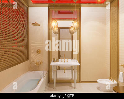 3d'illustrazione, interior design bagno di una camera in hotel in un tradizionale stile islamico. Bella camera deluxe Ramdan Kareem sfondo vista interna Foto Stock