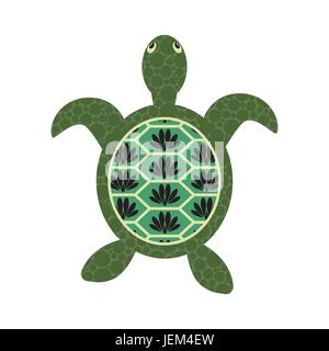 Turtle cartoon vettore decorate con motivi floreali tartaruga. Verde toni di colore isolato su bianco. Illustrazione Vettoriale