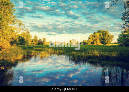 Magico tramonto sul lago. Foschia mattutina, paesaggio rurale, deserto. Bellissima natura selvaggia dell'Ucraina. La riflessione nel lago Foto Stock