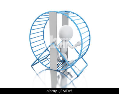 3d'illustrazione. La gente bianca in esecuzione in una ruota di criceto. Isolato sfondo bianco Foto Stock