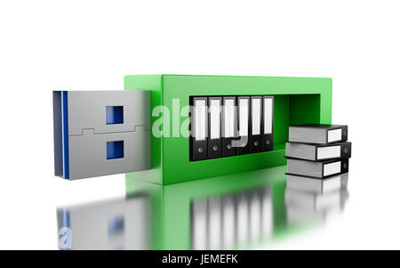 3d'illustrazione. Unità USB con cartelle di dati. Memorizzare informazioni concetto. Isolato sfondo bianco Foto Stock