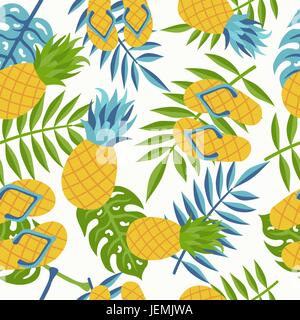 Ananas pattern senza soluzione di continuità con la giungla di foglie di palma e flip flop illustrazione, divertimento estate tropicale sfondo. EPS10 vettore. Illustrazione Vettoriale