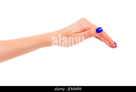 Bellissima femmina lato protegge qualcosa. Isolato su sfondo bianco. Foto Stock