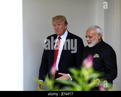 Washington, Stati Uniti d'America. Il 26 giugno, 2017. Stati Uniti Presidente Donald Trump (L) si compiace Primo Ministro indiano Narendra Modi alla Casa Bianca di Washington, DC, Stati Uniti, il 26 giugno 2017. Credito: Yin Bogu/Xinhua/Alamy Live News Foto Stock