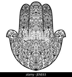 La HAMSA ha disegnato a mano il simbolo. Fatima pattern a mano. Illustrazione Vettoriale. Mandala indiano ornamento per adulti libri da colorare. Modello asiatico. In bianco e nero di sfondo autentico. Illustrazione Vettoriale