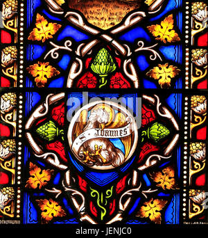 Simbolo di San Giovanni Evangelista, Eagle, vetrate di William Warrington, 1856, Campo Dalling, Norfolk, Inghilterra, Regno Unito Foto Stock