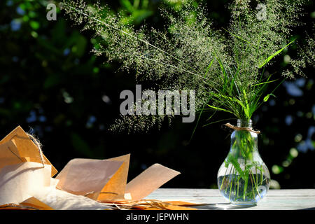 Erba di fiori in vaso di vetro con nota della carta nel vento soffiare al sole di sera fanno di sentimento e di calma, wild minuscoli fiori sul verde sfondo naturale in giardino Foto Stock