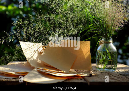 Erba di fiori in vaso di vetro con nota della carta nel vento soffiare al sole di sera fanno di sentimento e di calma, wild minuscoli fiori sul verde sfondo naturale in giardino Foto Stock