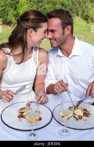 Sorridente coppia giovane seduto in Prato Foto Stock