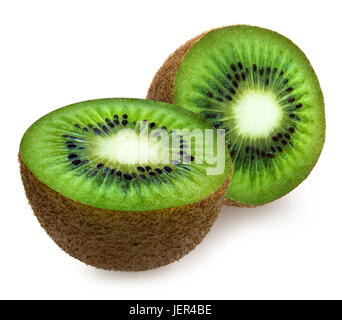 Due metà di verde kiwi fuzzy isolato su bianco Foto Stock