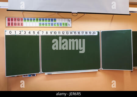 Verde lavagna pulita in aula della scuola in Russia. Numeri e alfabeto russo è sulla parte superiore Foto Stock