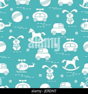 Carino seamless pattern con varietà di giocattoli per bambini: cavallo a dondolo, palla, macchina, coniglio, elicottero. Design per poster o di stampa. Illustrazione Vettoriale