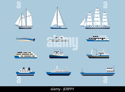 Trasporto di acqua - vettore moderno design piatto set di icone. Yacht, auto vettore, nave passeggeri, vela, alfiere di nave, rimorchiatore a traino, motoscafi motoscafo. Grafico a torta Illustrazione Vettoriale