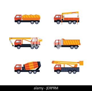 I veicoli per la costruzione - vettore moderno design piatto set di icone. Dump, carburante, flat bed, pickup truck, betoniera, gru, cherry picker. Macchinari pesanti t Illustrazione Vettoriale