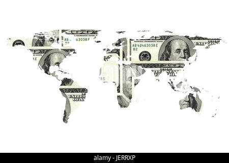 Immagine concettuale del dollaro e con la mappa del mondo isolato su bianco. Arredate NASA Mappa mondo immagine utilizzata Foto Stock