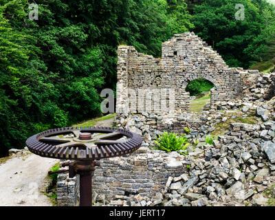 Ruota dentata di ferro e la rovina del puzzava Mulino a miniera di Prospero dal lato Ashfold Beck vicino Greenhow ponte Pateley North Yorkshire, Inghilterra Foto Stock