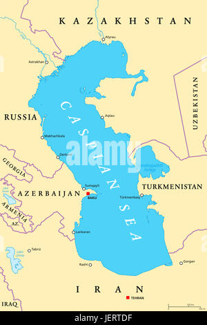 Regione del Mar Caspio mappa politico con le più importanti città, i bordi dei fiumi e dei laghi. Corpo di acqua, lavabo e lago più grande sulla terra. Foto Stock
