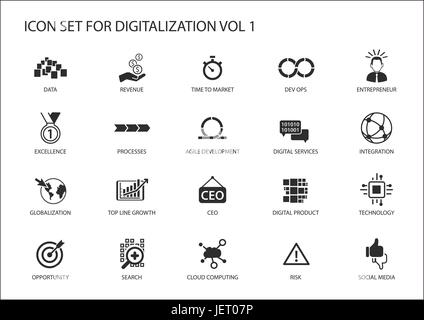 La digitalizzazione icona set di vettore per temi come lo sviluppo agile, dev ops, globalizzazione, opportunità, cloud computing, ricerca, imprenditore, integrat Illustrazione Vettoriale