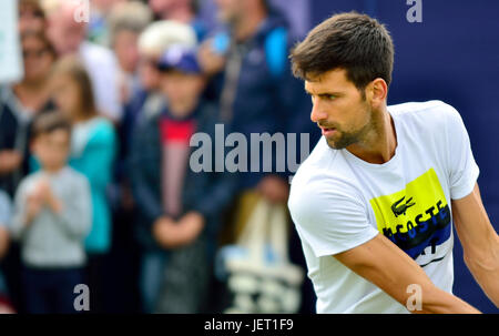 Novak Djokovic (Serbia) sulla pratica giudici di Devonshire Park, Eastbourne, durante il 2017 Aegon torneo internazionale Foto Stock