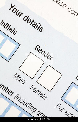 Scatole sul form da completare per sigle e sesso con opzioni di maschio o femmina Foto Stock