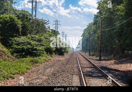 I binari della ferrovia Sparendo all'orizzonte in Amagansett NY Foto Stock