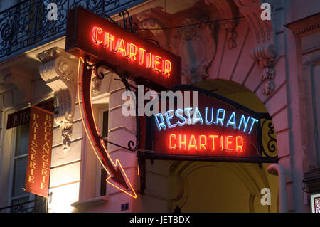 Francia, Parigi, Rue si Faubourg Montmartre, ristorante Chartier, luci al neon, dettaglio Foto Stock