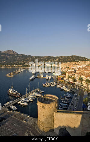 Francia, Corsica, Calvi, vista città, cittadella, porto, Foto Stock
