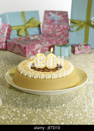 Torta di compleanno, skyers, 80, presenta, torta di compleanno, torte, torte, crema gateau, compleanno skyers, numero, masterizzare, compleanno, celebrare, sorpresa, regali di compleanno, avvolto, Deko, studio, ottanta, ottantesimo, Foto Stock