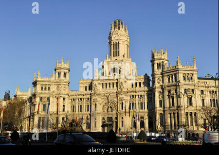 Spagna, Madrid, Plaza Cibeles, il Palacio de Comunicaciones, Foto Stock