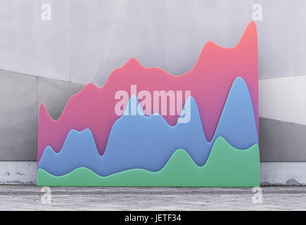 Un grafico di tre graphic dal rosso, verde, blu contro una parete mostra la crescita e movimento di mercato Foto Stock