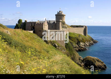 Lontano la stecca vicino a Cap Frehels, Bretagna, Francia, Fort La Latte in der Nähe des Cap Frehels, Bretagne, Frankreich Foto Stock