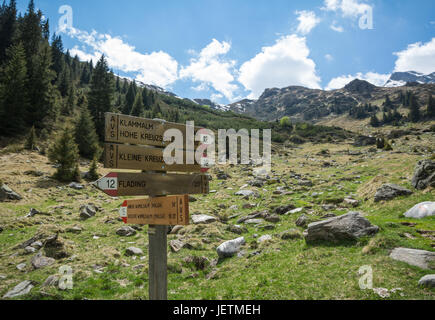 Cartello in montagna. Valle di Racines in Alto Adige Foto Stock