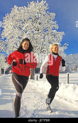 Jogging in inverno il legno, Joggen Winterwald im Foto Stock