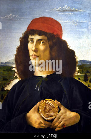 Ritratto di un uomo con una medaglia di Cosimo il Vecchio, noto anche come il Ritratto di giovane con una medaglia 1475 Sandro Botticelli ( Alessandro di Mariano Filipepi ) 1445-1510 Firenze pittore italiano di scuola fiorentina del primo Rinascimento. Foto Stock