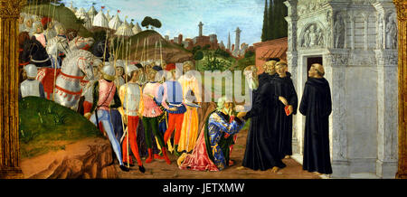 Tre episodi della vita di san Benedetto da Neroccio di Bartolomeo de' Landi - Neroccio dei Landi ( 1447-1500 pittore e scultore italiano del primo Rinascimento Quattrocento o periodo in Siena Italia . Foto Stock